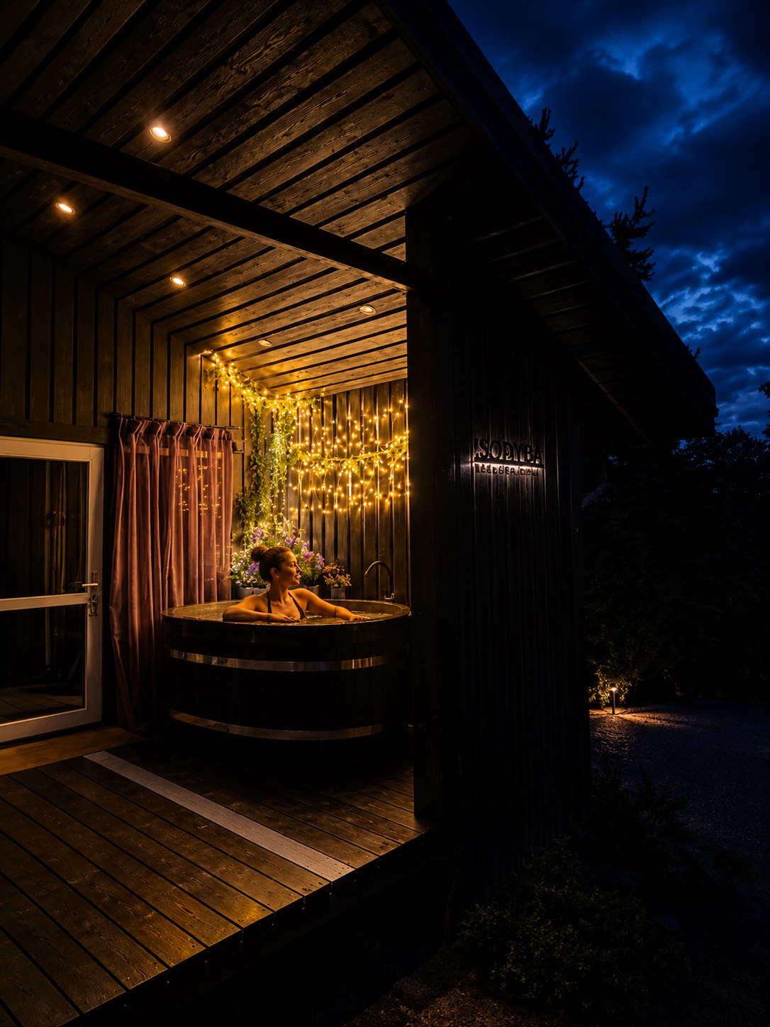 A hot tub at night under the open sky